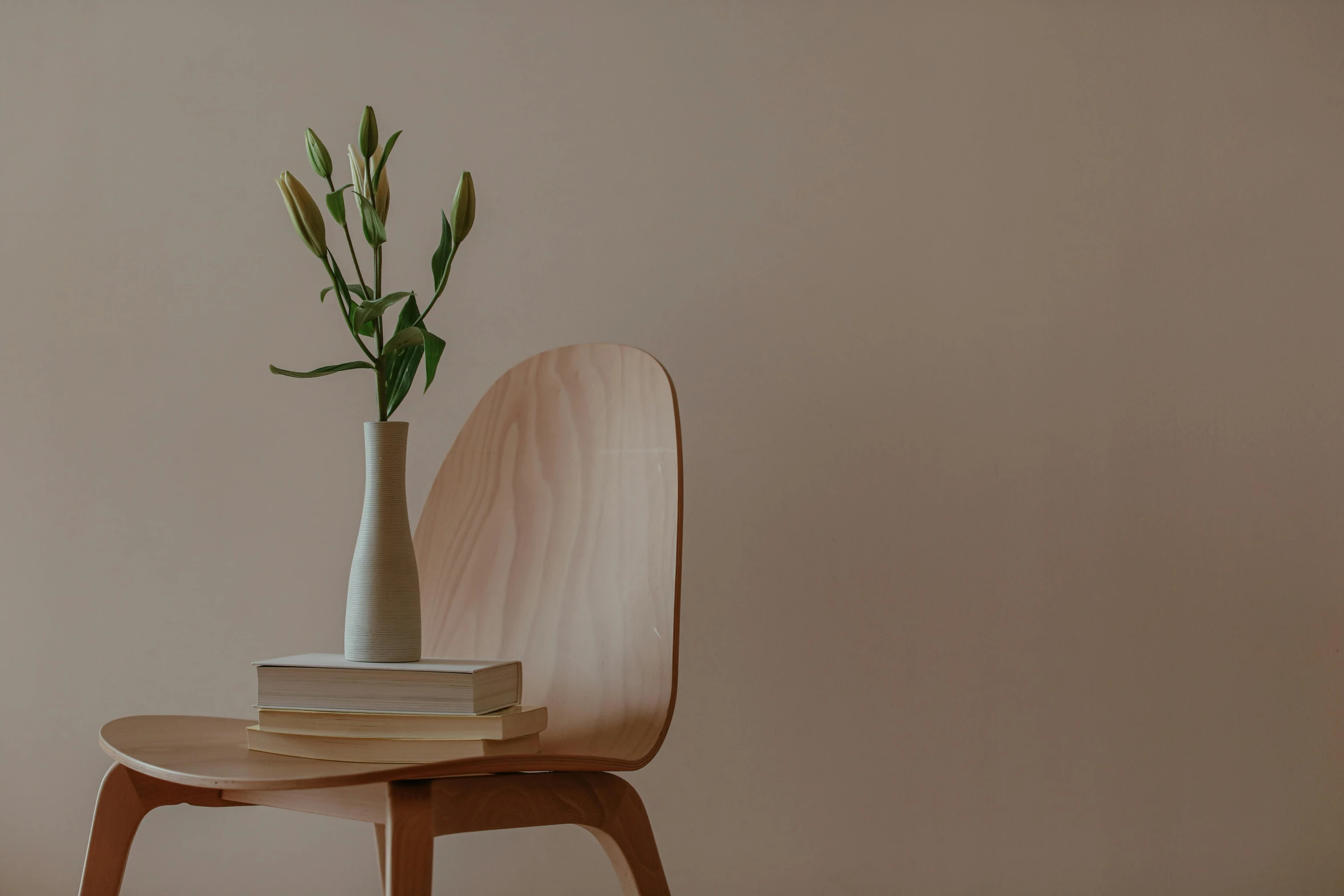 a white vase sitting on top of a wooden chair, inspired by Constantin Hansen, unsplash contest winner, beige color scheme, books and flowers, studio quality smooth render, looking to the right