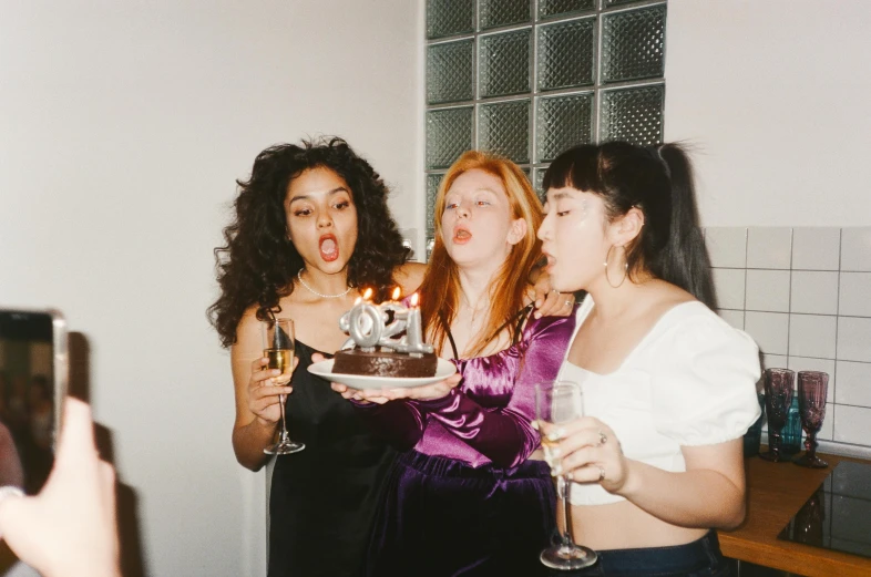 a group of women standing next to each other holding a cake, inspired by Nan Goldin, trending on pexels, renaissance, charli xcx, drinking, she is about 20 years old, circa 1992