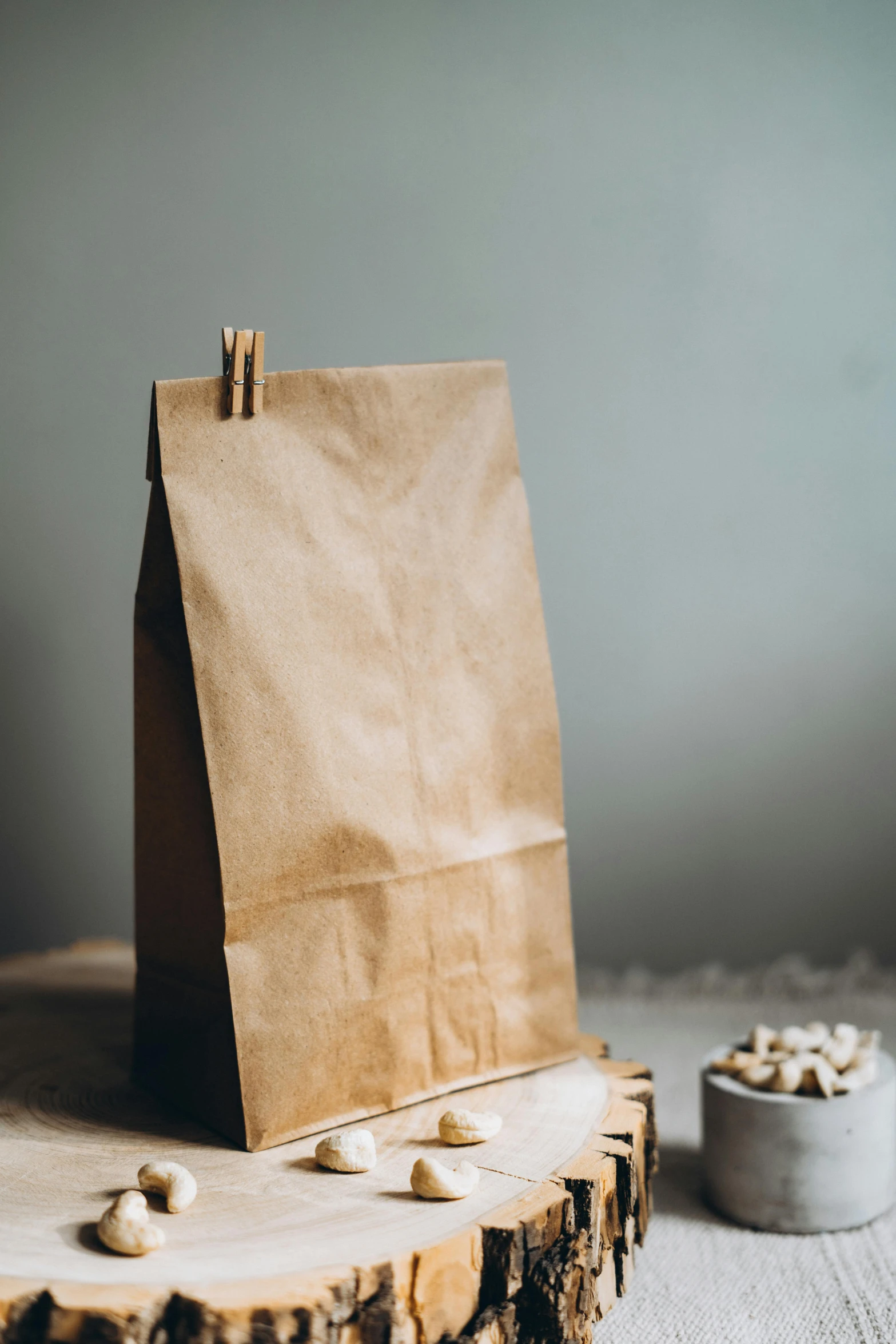 a brown paper bag sitting on top of a wooden table, by Andries Stock, unsplash, model kit, cereal, on a gray background, at home
