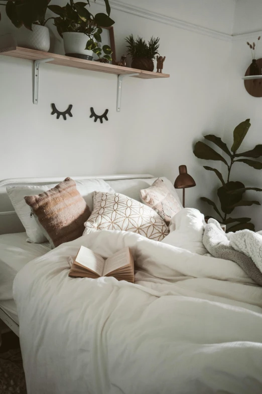 a bed room with a neatly made bed, inspired by Elsa Bleda, pexels contest winner, brown and white color scheme, late summer evening, white backround, pillows