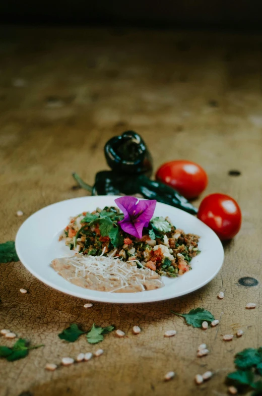 a plate of food sitting on top of a table, by Jessie Algie, spicy, high grain, aztec, ground - level medium shot