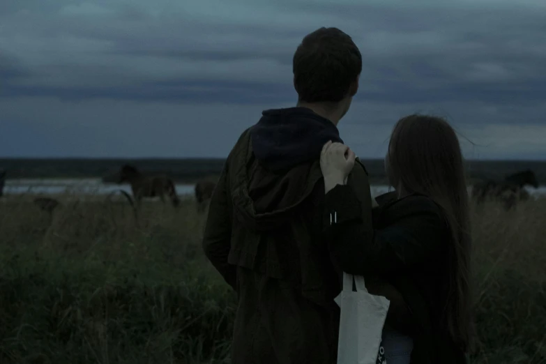 a man and a woman standing in a field, pexels contest winner, it's getting dark, still from a music video, overcast dusk, aleksander rostov