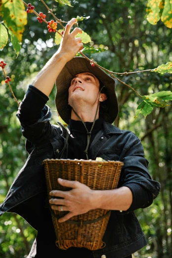 a man is picking berries from a tree, a portrait, pexels contest winner, renaissance, wearing a straw hat and overalls, black, australian, brown