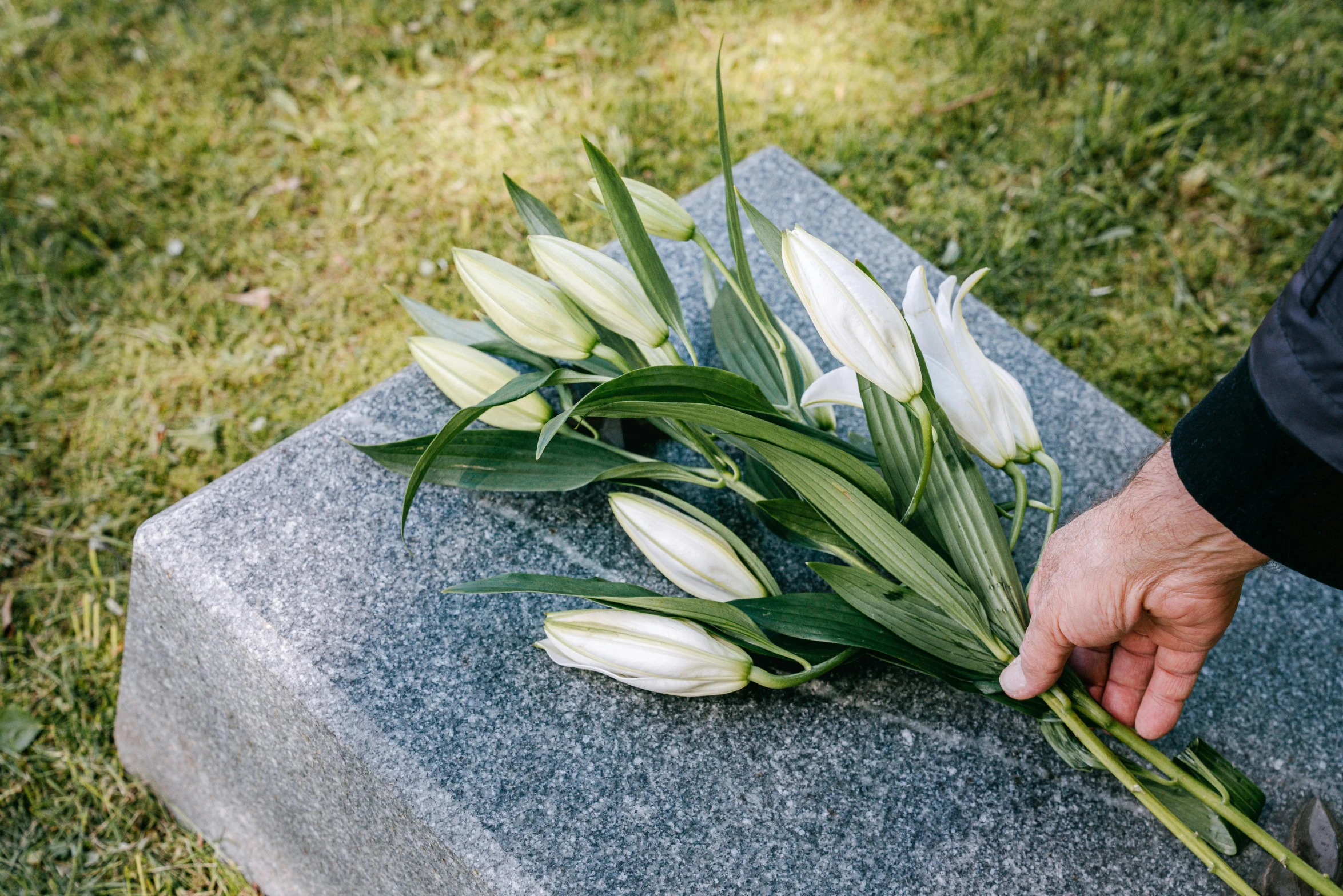 a person placing a bunch of flowers on a grave, a marble sculpture, by Carey Morris, white lilies, close up image, premium quality, silver，ivory