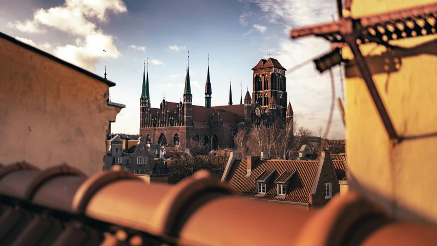 a view of a city from the top of a building, by Adam Marczyński, pexels contest winner, graffiti, behind her a gothic cathedral, late afternoon, red castle in background, buttresses