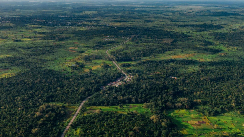 a view of the countryside from an airplane, hurufiyya, angkor thon, fan favorite, lush green forest, houses and roads