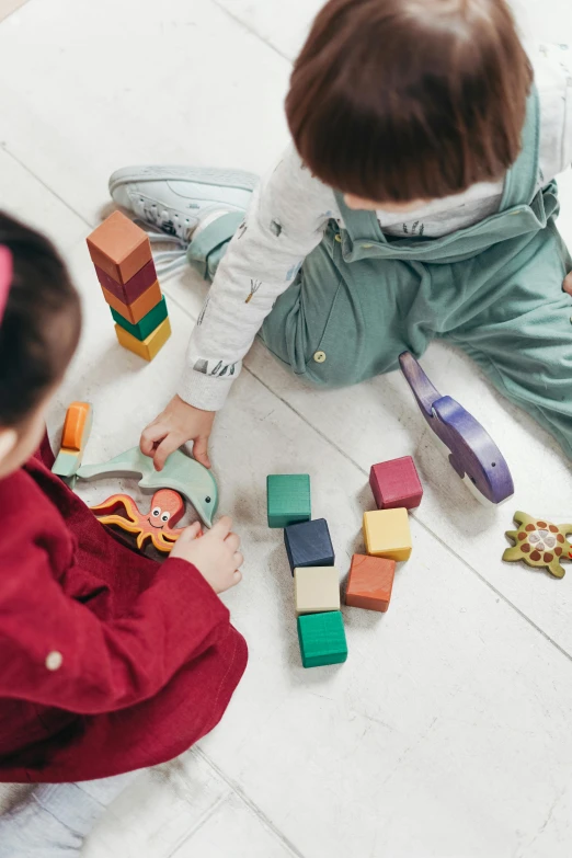 two children sitting on the floor playing with wooden blocks, pexels contest winner, solid coloured shapes, birdseye view, medium shot of two characters, square