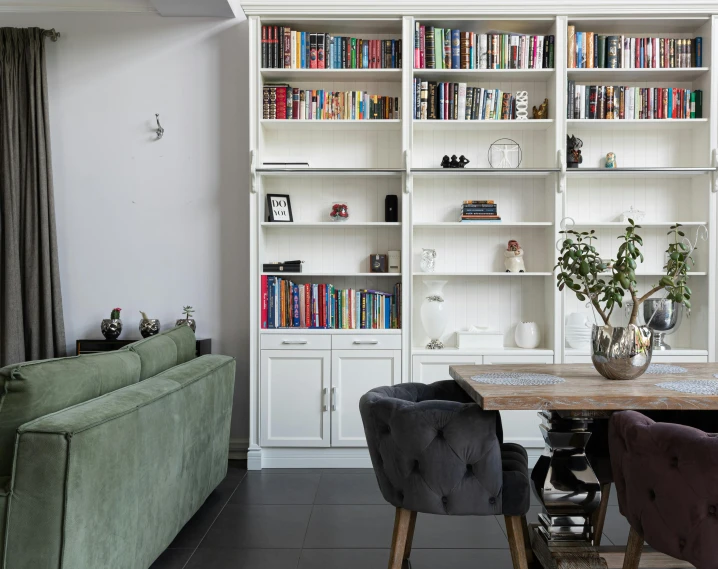 a living room filled with furniture and a wooden table, inspired by Constantin Hansen, unsplash contest winner, light and space, book shelf small library, white and grey, shot on sony a 7, black and green scheme