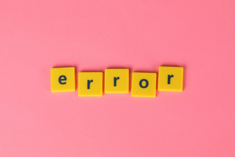 the word error spelled with scrabbles on a pink background, by Sven Erixson, pexels, 🐿🍸🍋, mirrored, yellow overall, no - text no - logo