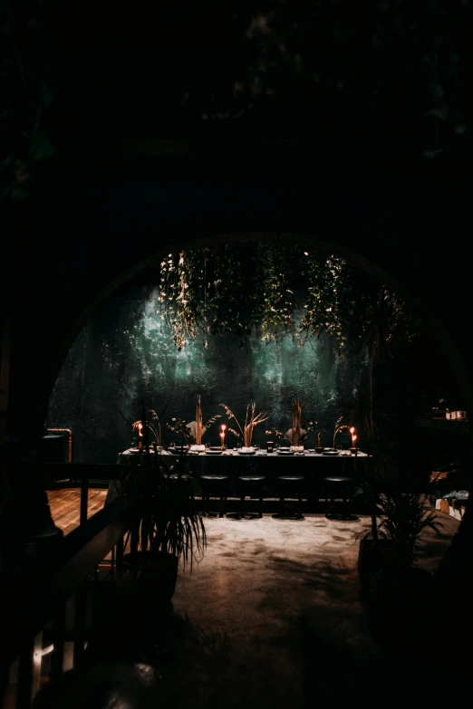 a group of people sitting at a table in a dark room, archways made of lush greenery, beautiful with eerie vibes, chef table, full of details