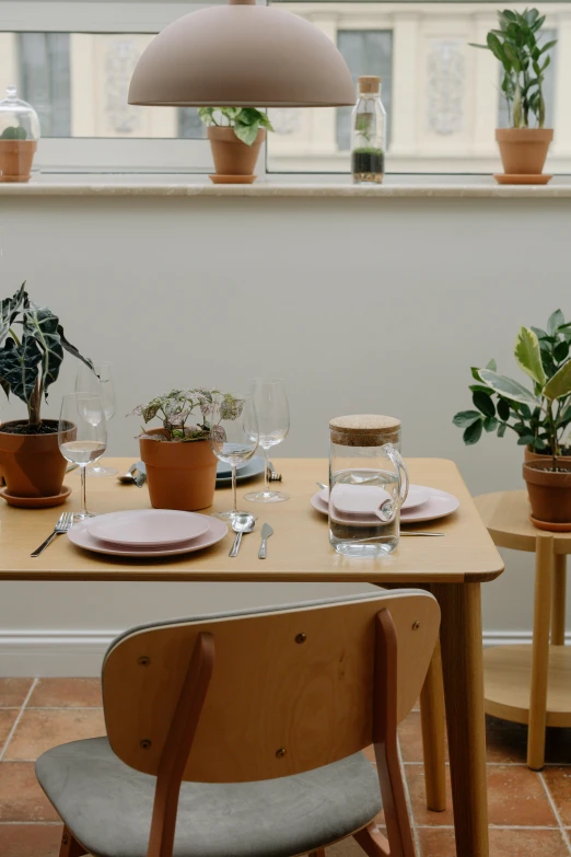 a table and chairs in front of a window, a still life, inspired by Constantin Hansen, unsplash, terrarium lounge area, chefs table, minimal pink palette, natural materials