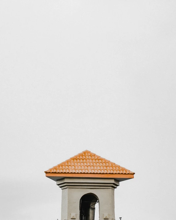 a clock tower with a red tiled roof, by Attila Meszlenyi, unsplash, postminimalism, miniature product photo, gray skies, ocher, 15081959 21121991 01012000 4k