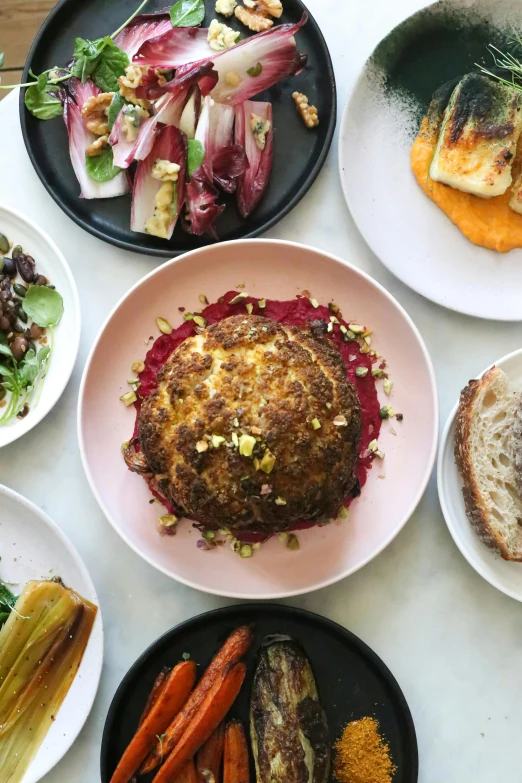 a number of plates of food on a table, featured on instagram, renaissance, in chippendale sydney, pink, dolman, thumbnail