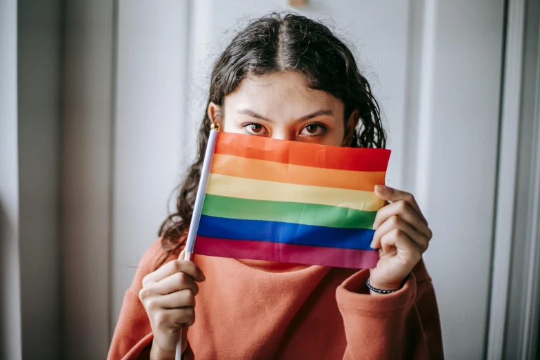 a woman holding a rainbow flag in front of her face, trending on pexels, rebecca sugar, school class, girl with brown hair, 🚿🗝📝