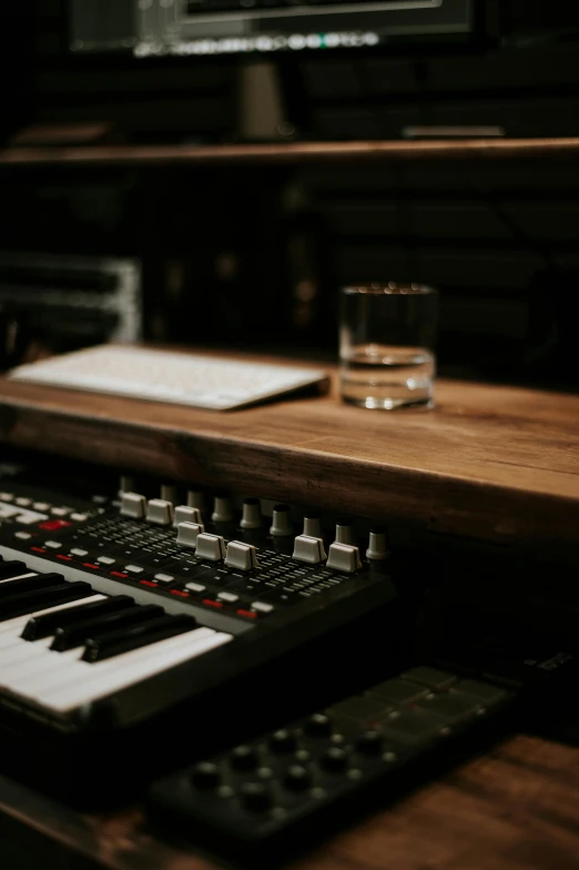 a keyboard sitting on top of a wooden desk, an album cover, unsplash, machines cocktail music, studio ghibly, mixing drinks, worship