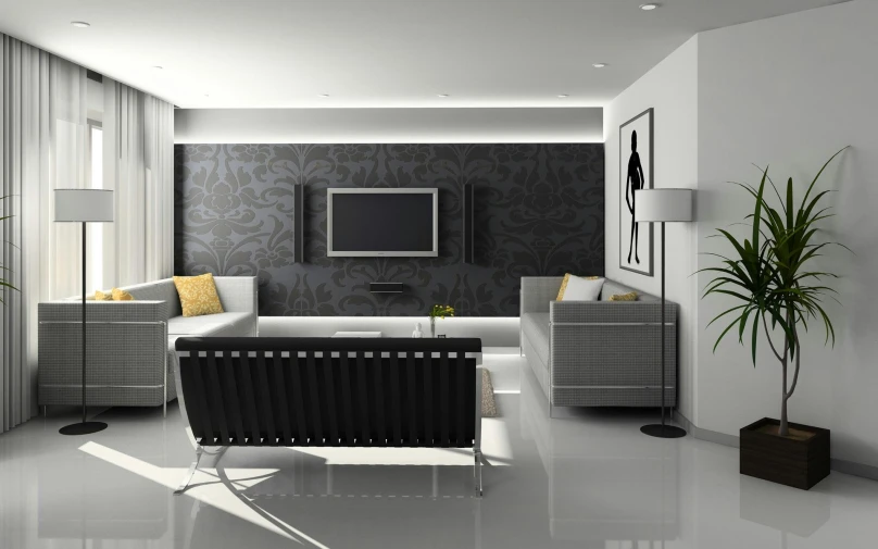 a living room filled with furniture and a flat screen tv, inspired by Willem Claeszoon Heda, minimalism, monochrome 3 d model, high-quality wallpaper, single floor, flat grey color