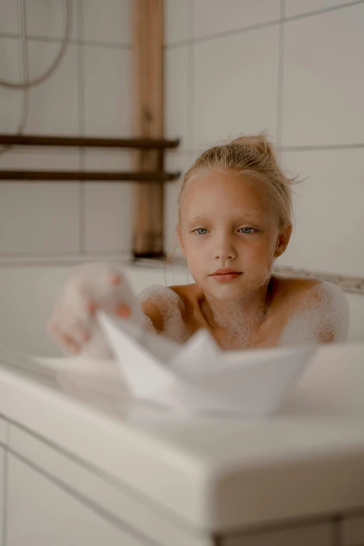 a little girl that is sitting in a bath tub, by Jakob Gauermann, pexels, made of wax and water, teenage girl, gentle expression, 15081959 21121991 01012000 4k