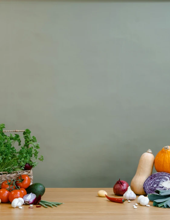 a wooden table topped with lots of fruits and vegetables, product image, muted colors with minimalism, promo image