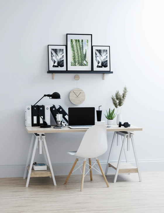 a laptop computer sitting on top of a wooden desk, furniture and decor, product image, view, white room