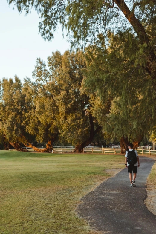 a couple of people that are walking down a path, golf course, eucalyptus trees, local gym, man standing