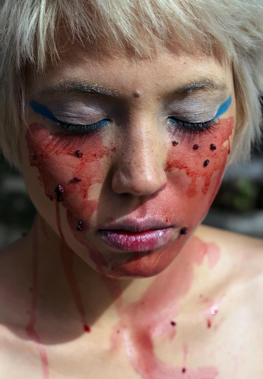 a woman with blood all over her face, an album cover, inspired by Taro Yamamoto, reddit, hyperrealism, david choe, hyperrealistic”, hyperrealistic ”, “hyper realistic