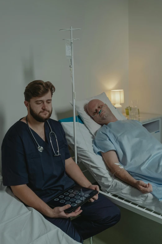 a couple of men laying in a hospital bed, calmly conversing 8k, sad prisoner holding ipad, vhs colour photography, connected to heart machines