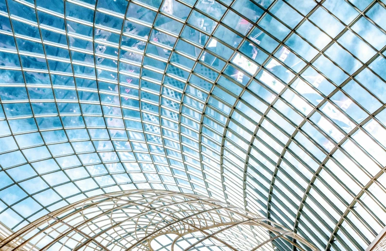 the inside of a building with a blue sky in the background, pexels contest winner, light and space, large glass ceilings, refracted lines and sparkles, thumbnail, square