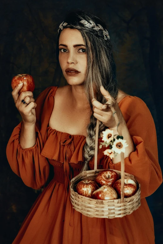 a woman in an orange dress holding a basket of apples, inspired by Artemisia Gentileschi, pexels contest winner, renaissance, evil look, 15081959 21121991 01012000 4k, portrait of maci holloway, gif