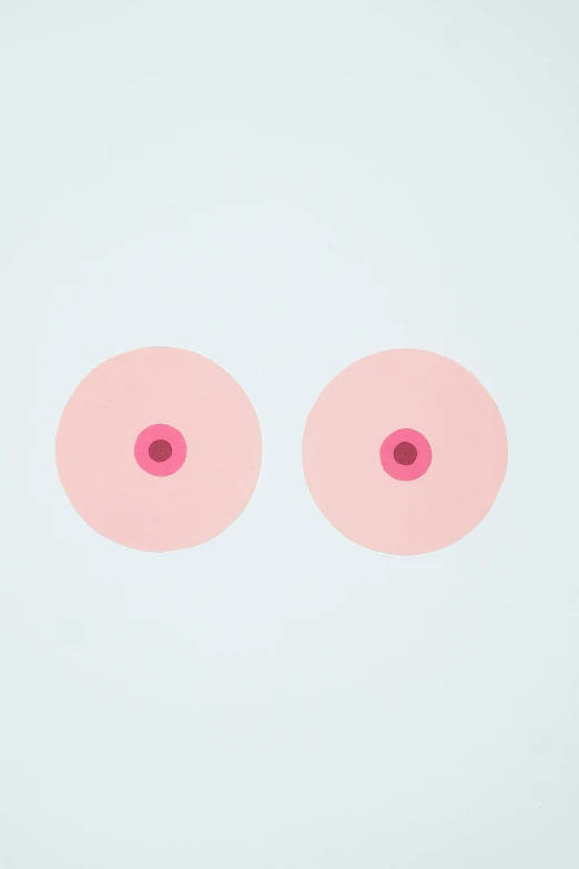 two pink donuts sitting on top of a white surface, by Damien Hirst, feminist art, large breasts size, (colour) eyes, minimalist illustration, red contact lenses