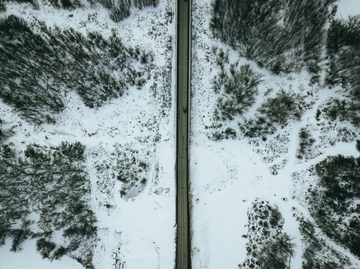 a long road in the middle of a snowy forest, an album cover, pexels contest winner, land art, birds eye view, split in half, thumbnail, black