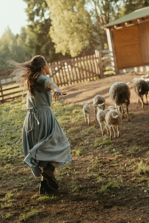 a woman standing in front of a herd of sheep, by Linda Sutton, unsplash contest winner, renaissance, dancing, pastoral backyard setting, girl running, made of wool