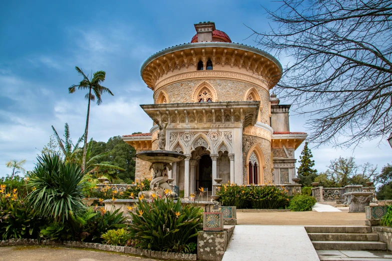 a large building sitting on top of a lush green field, a mosaic, inspired by Serafino De Tivoli, pexels contest winner, renaissance, portugal, avatar image, ornate carved architecture, rotunda