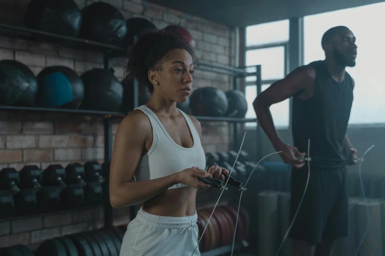 a couple of people standing next to each other in a gym, pexels contest winner, renaissance, photo of a black woman, connected to wires, manuka, serving body