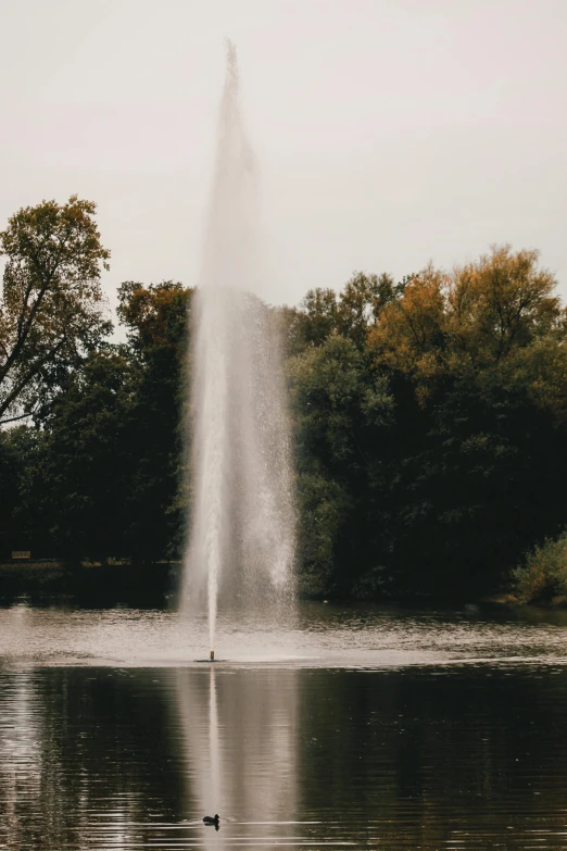 a fountain in the middle of a lake surrounded by trees, a 15 foot tall, 8k 50mm iso 10, high quality image