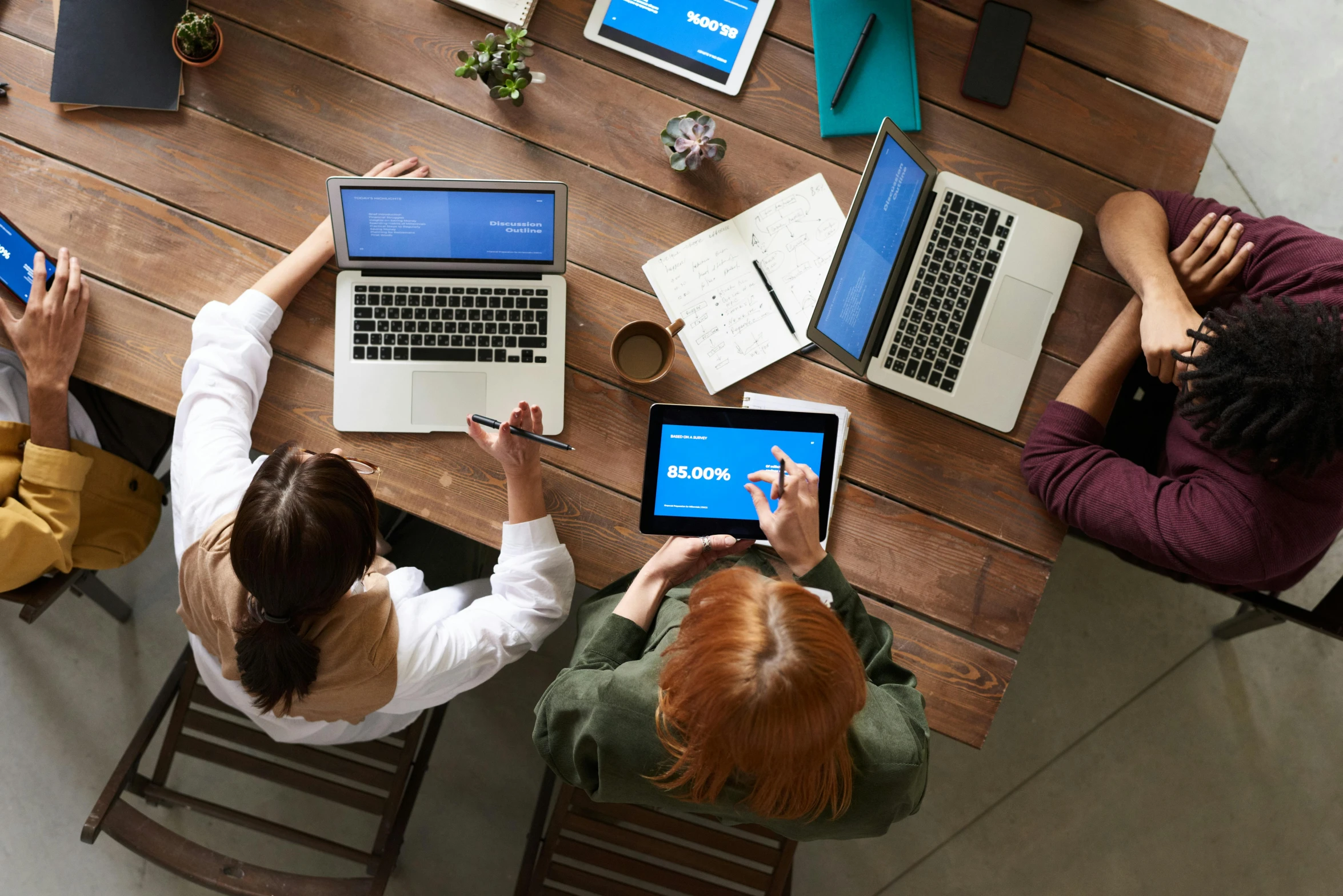 a group of people sitting around a table with laptops, a digital rendering, pexels, 9 9 designs, brown, maintenance, advertising