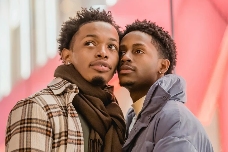 a couple of men standing next to each other, trending on pexels, renaissance, light-brown skin, lgbt, 2 1 savage, ( ( theatrical ) )