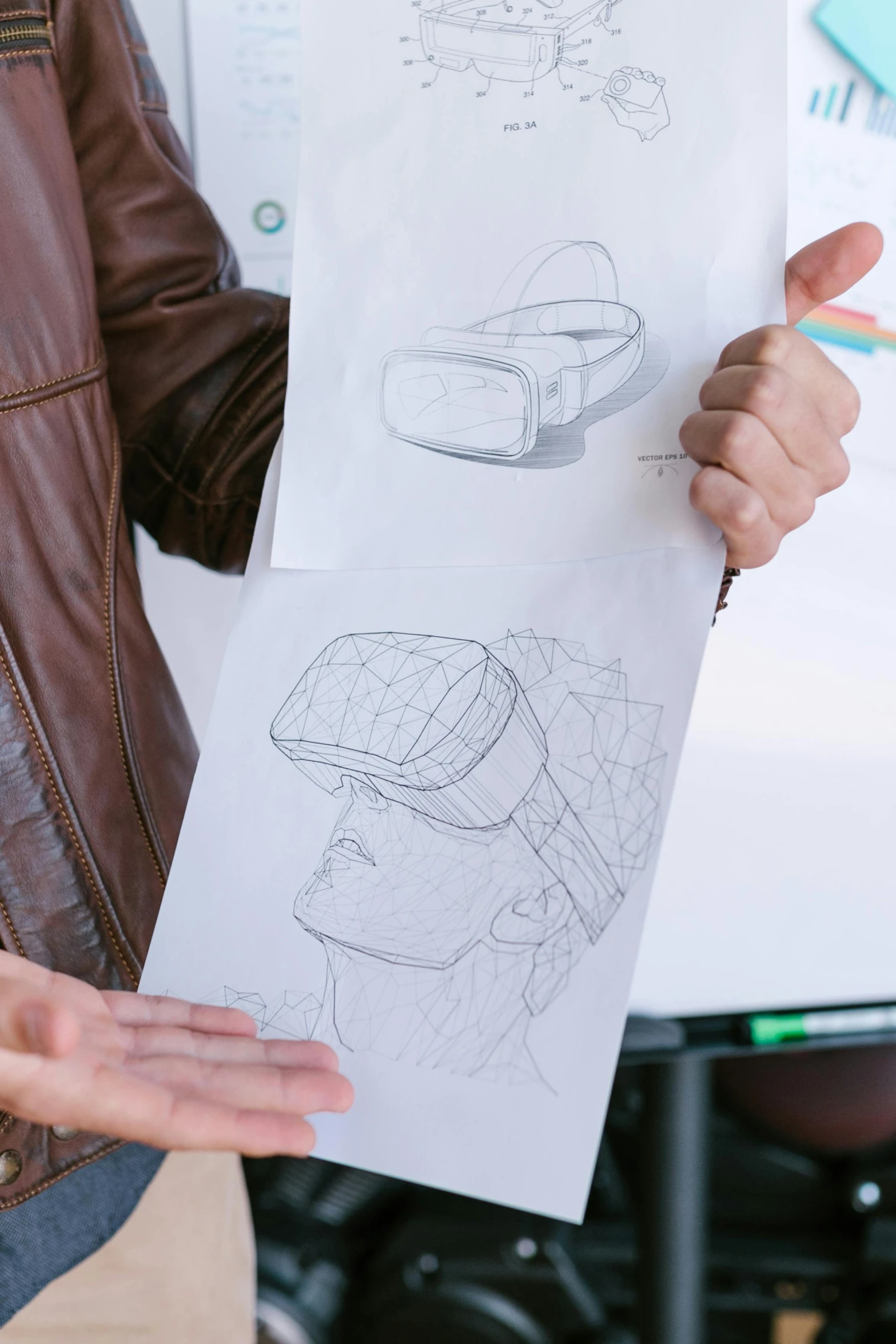 a man holding a piece of paper with drawings on it, a digital rendering, by Drew Tucker, reddit, vr helmet, on white paper, unreal engine tech demo, crosshatching