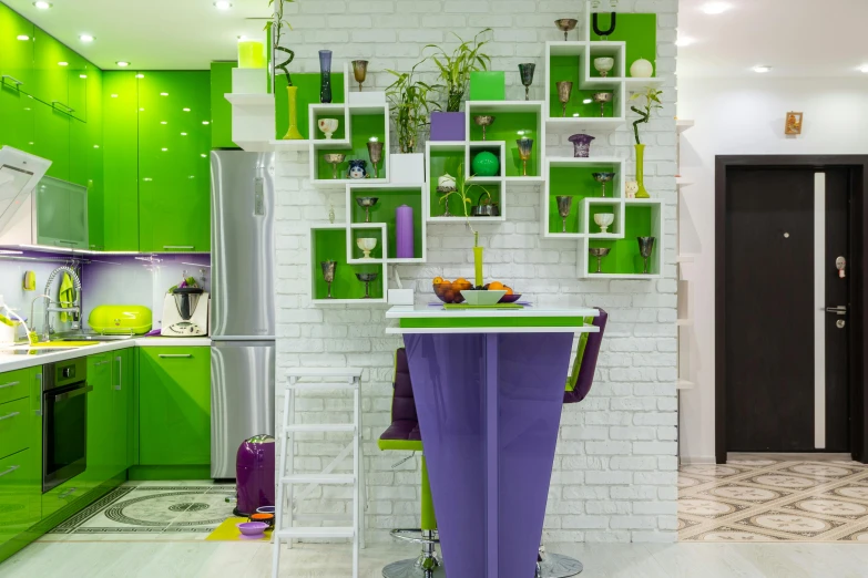 a kitchen with a green and white color scheme, pexels contest winner, maximalism, green and purple studio lighting, neo kyiv, colorful”, vibrant greenery outside