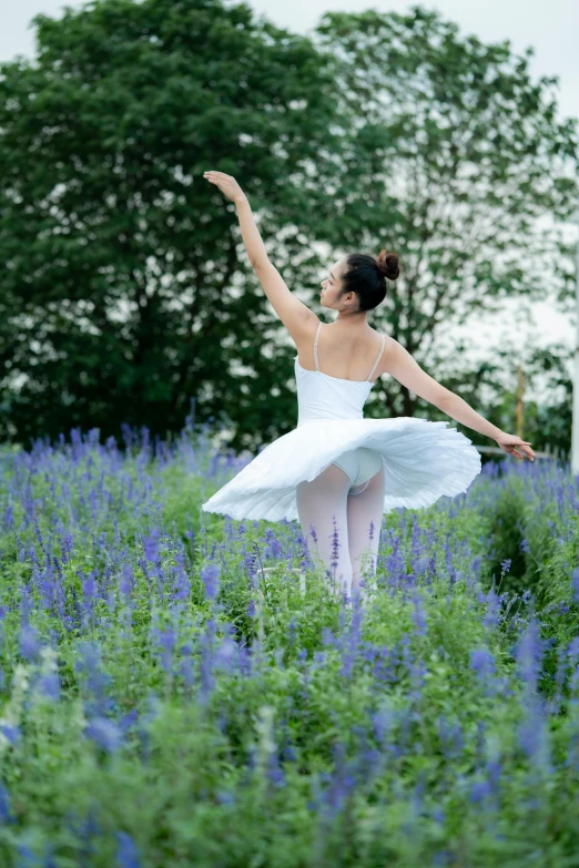 a ballerina in a field of blue flowers, in a cottagecore flower garden, ap, jacqueline e, dancers