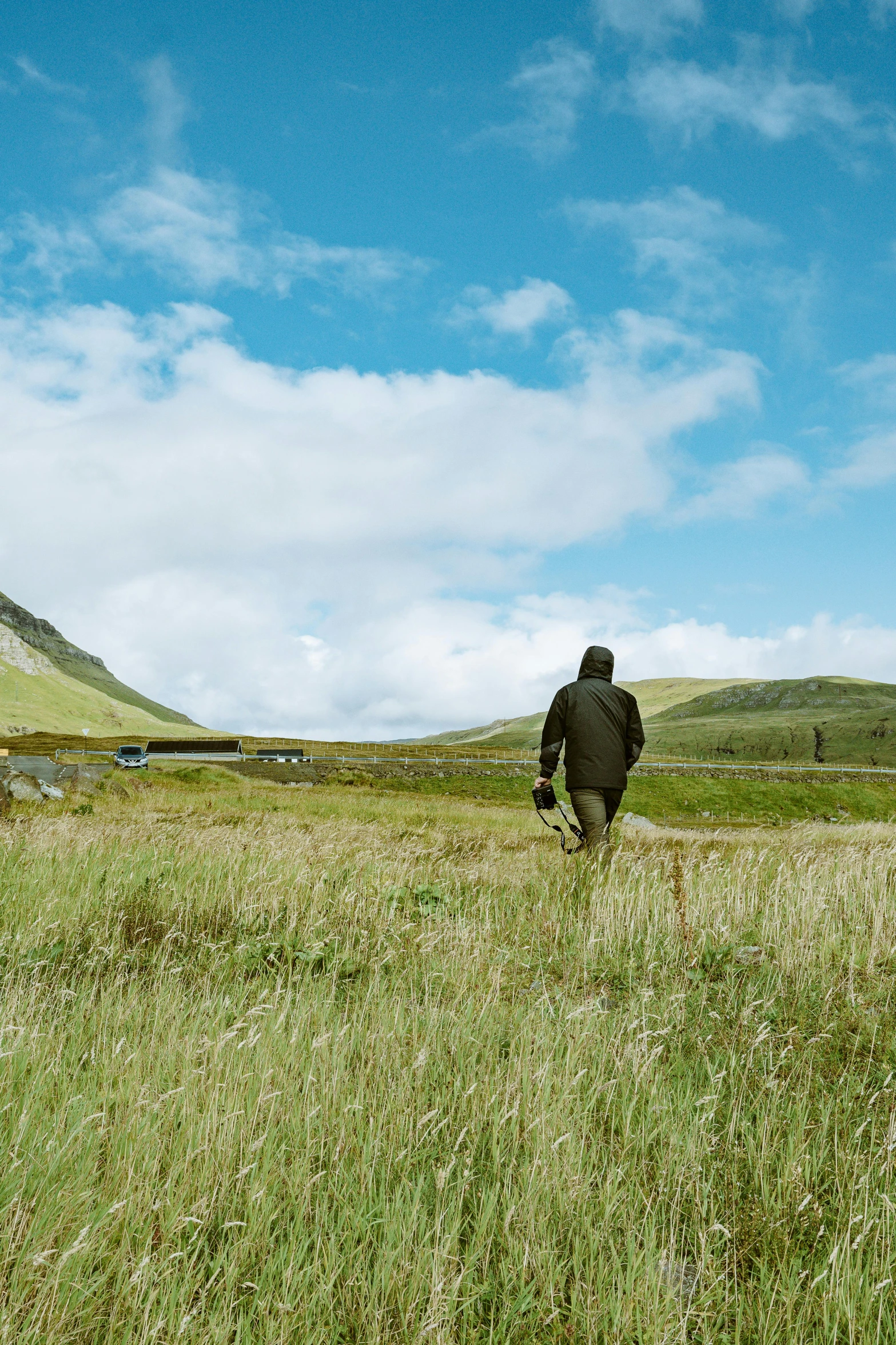 a person in a field flying a kite, by Hallsteinn Sigurðsson, land art, walking to the right, grassy hills, carrying guns, road trip