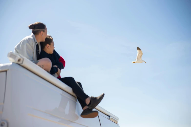 a man and a woman sitting on top of a boat, seagull, family friendly, soaring through the sky, colour photograph