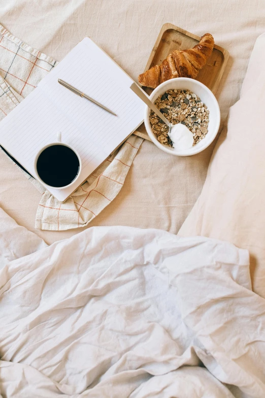 a tray of food and a cup of coffee on a bed, by Carey Morris, trending on unsplash, happening, curled up under the covers, 15081959 21121991 01012000 4k, cereal, ilustration