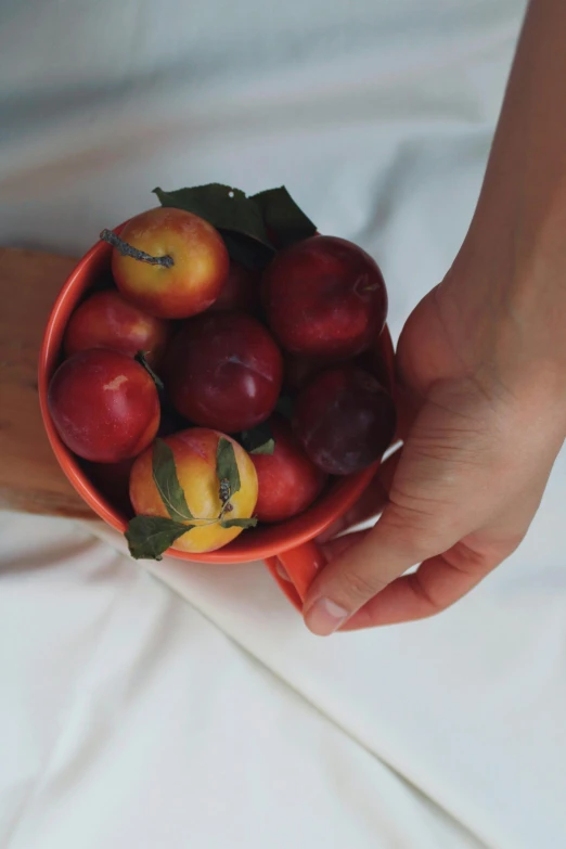 a person holding a bowl of fruit on a bed, peach, holding each other, close up image, uncrop