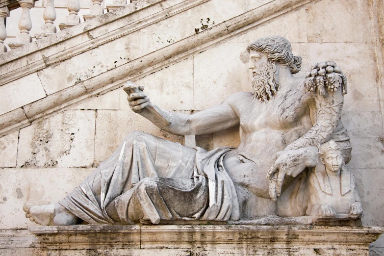 a statue of a man sitting on top of a building, a marble sculpture, by Giorgio De Vincenzi, pexels contest winner, neoclassicism, bearded man seated on a throne, goddess checking her phone, in honor of jupiter's day, grey