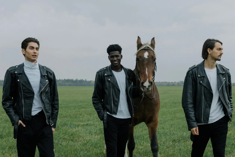 a group of men standing next to a brown horse, an album cover, pexels contest winner, black skin, in field high resolution, confident pose, concert