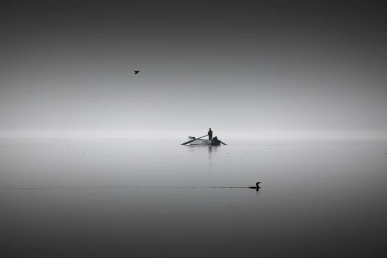 a black and white photo of a person in a boat, a black and white photo, by Gusztáv Kelety, minimalism, birds, morning mist, artwork, trio