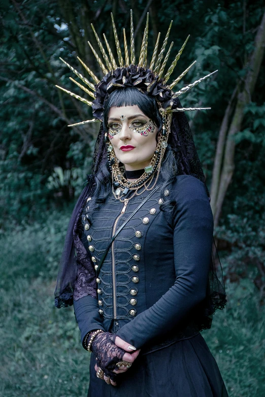 a woman in a black dress with a crown on her head, featured on reddit, dark priest, autumnal empress, psytrance and giger, justina blakeney