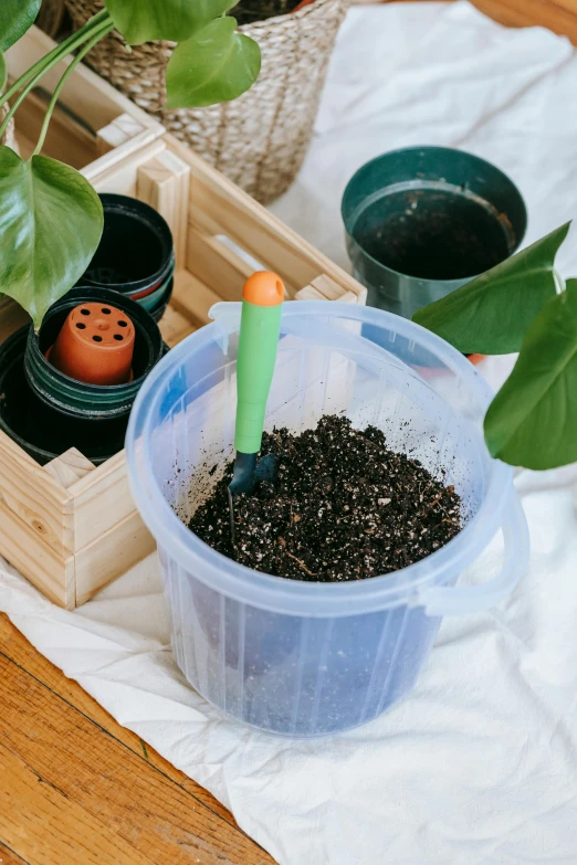 a plastic container filled with dirt next to a potted plant, a child's drawing, inspired by Eden Box, unsplash, using a spade, orchid stems, elephant in the room, tools