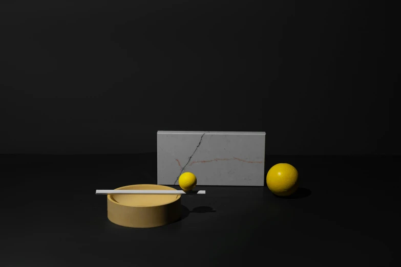 a couple of lemons sitting on top of a table, a 3D render, inspired by Bauhaus, unsplash, exquisite marble details, cigarrette boxes at the table, accretion disk, wok