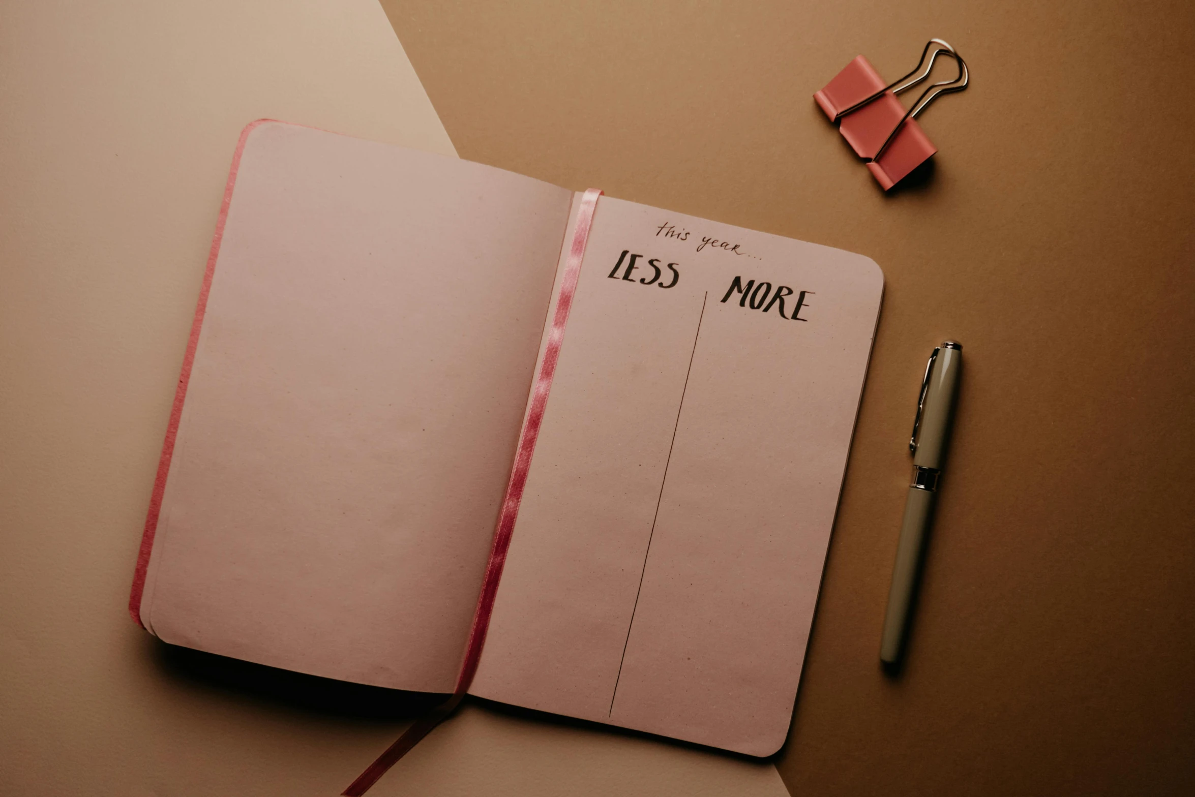 a notepad sitting on top of a desk next to a pen, by Carey Morris, trending on pexels, postminimalism, brown and pink color scheme, fess, worthless, open book page